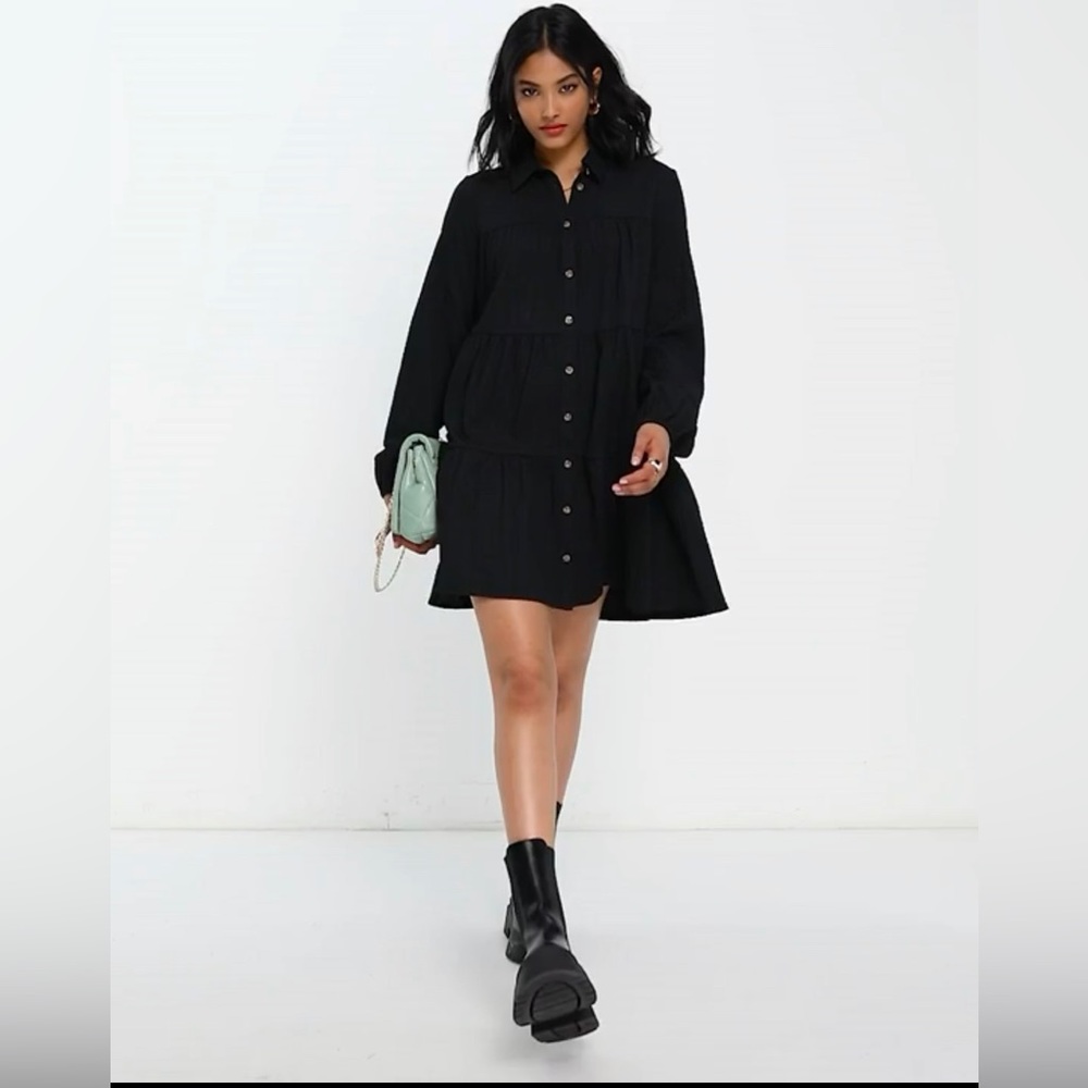 ASOS DESIGN textured tiered long sleeve shirt dress in black Size 12